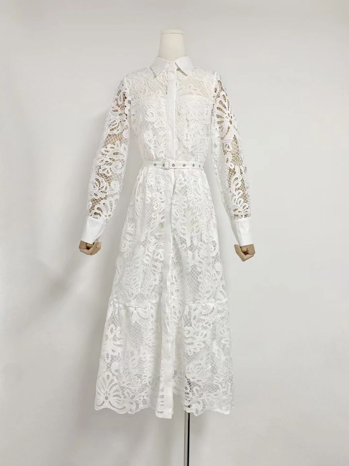 2024 Australian Fashion Elegant Collar Lantern Sleeve With Belt Embroidered Air Dress Dress