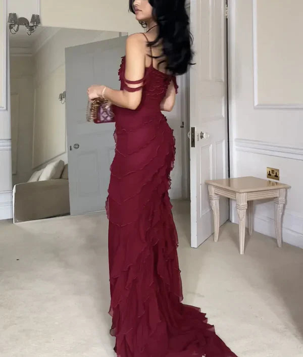 Mermaid Off The Shoulder Burgundy Slit Long Prom Dresses Formal Evening Dress SD1501