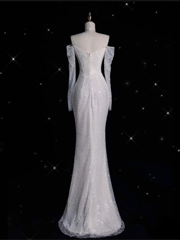 Mermaid Off The Shoulder Long Sleeves Wedding Dresses Sequin Brides Dress SD1918