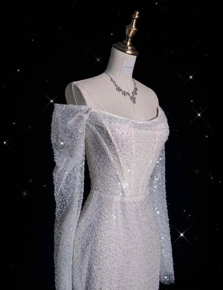 Mermaid Off The Shoulder Long Sleeves Wedding Dresses Sequin Brides Dress SD1918