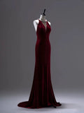 Mermaid Burgundy Velvet Long Backless Evening Dress Prom Dresses SD2786