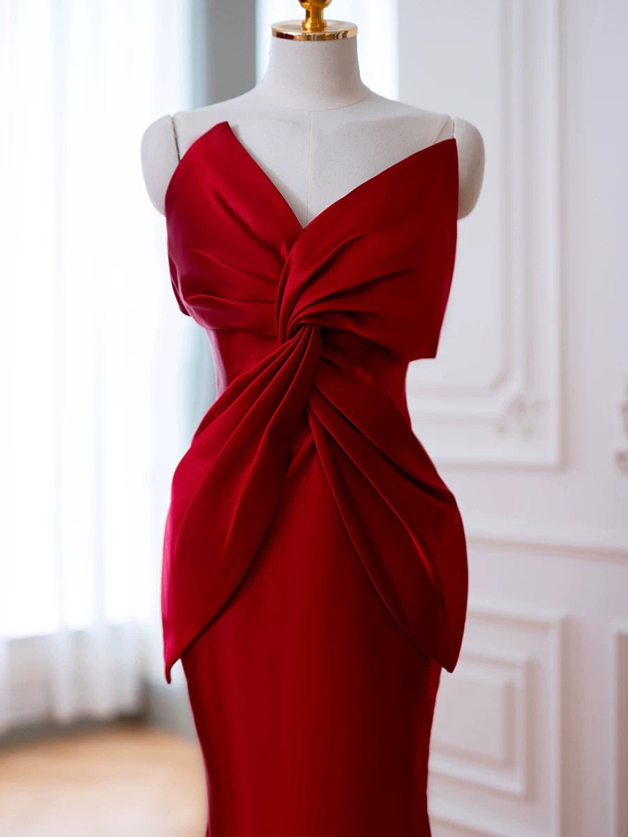 Mermaid One Shoulder Red Satin Long Evening Dress Prom Dresses SD2791