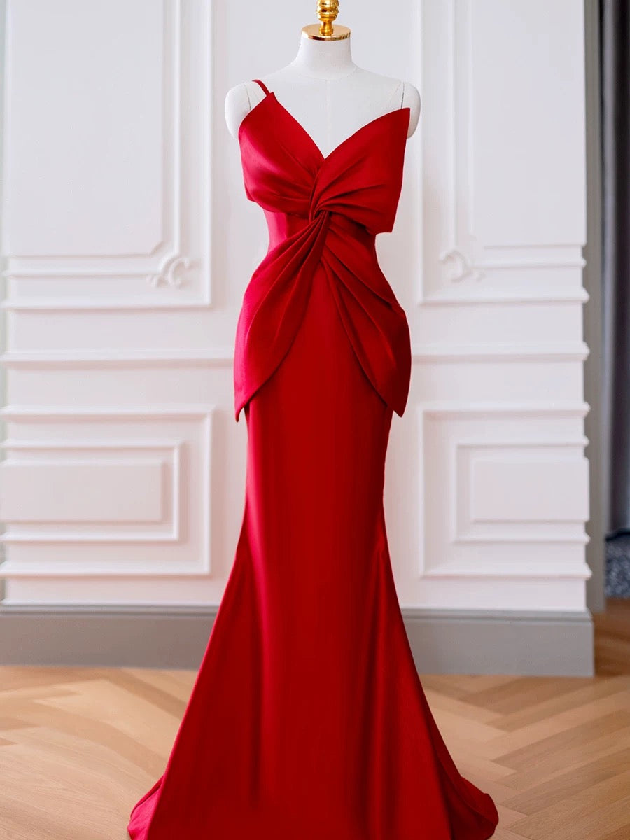 Mermaid One Shoulder Red Satin Long Evening Dress Prom Dresses SD2791