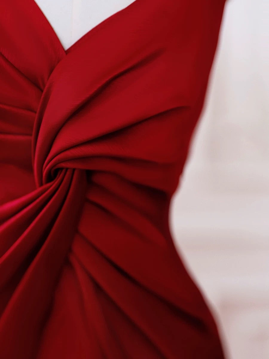 Mermaid One Shoulder Red Satin Long Evening Dress Prom Dresses SD2791