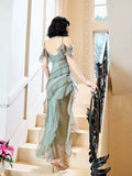 Mermaid Spaghetti Straps Ruffles Long Evening Dress Prom Dresses SD2814