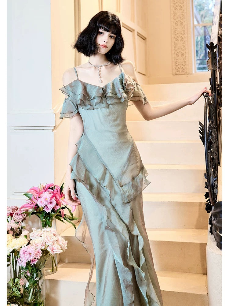 Mermaid Spaghetti Straps Ruffles Long Evening Dress Prom Dresses SD2814