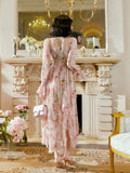 A Line Sweetheart Long Sleeves Pink Floral Chiffon Ankle Length Evening Dress Prom Dresses SD2830