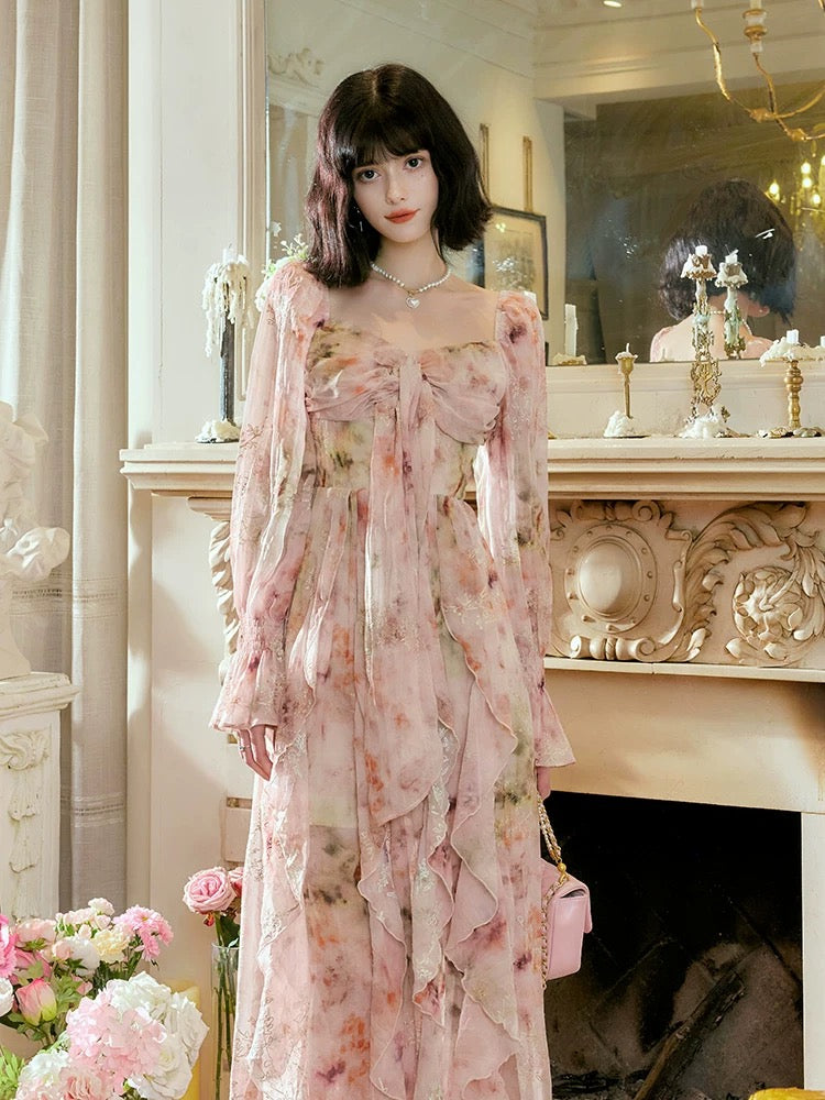 A Line Sweetheart Long Sleeves Pink Floral Chiffon Ankle Length Evening Dress Prom Dresses SD2830