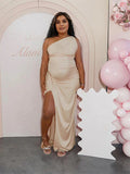 Apricot One Shoulder Backless Satin Side Slit Party Gown Baby Shower Maternity Maxi Dress Maternity