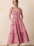Print Ruffled Midi Dress with Pockets DJPT