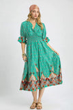 Printed Smocked Waist Flounce Sleeve Midi Dress DJPT