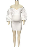 White Off Shoulder Backless V-Neck Lantern Sleeve Bodycon Party Cute Baby Shower Maternity Mini Dress Maternity