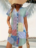 V-Neck Short Sleeve Button-Front Dress DJPT