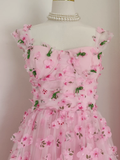 A Line Straps Pink Floral Tulle Lace Prom Dresses Birthday Outfits SD377