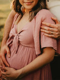 Bow Flutter Sleeve Solid V-neck Flowy Vacation Beach Cute Baby Shower Photoshoot Maternity Maxi Dress Maternity