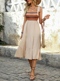 Shoulder Square Neck Tiered Midi Dress DJPT