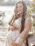 Apricot Sequin Tassel Tulle Ruched Cross Chest Multi Way Tie Back V-neck Elegant Boho Photoshoot Maternity Maxi Dress Maternity
