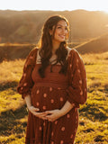 Sun Flowers Square Smocked Neck Puff Sleeve Big Swing Flowy Baby Shower Photoshoot Maternity Maxi Dress Maternity