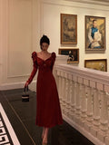 A line Long Sleeves Red Satin Prom Dresses Birthday Outfits SD313