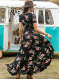 Printed V-Neck Short Sleeve Dress DJPT