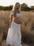 White 2-in-1 Lace Cut Out Off Shoulder Tie Elegant Flowy Vacation Photoshoot Maternity Maxi Dress Maternity