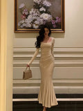 Mermaid Square Neckline Long Sleeves White Long Prom Dresses Birthday Dress SD292
