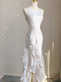 Mermaid Scoop Satin Night Party Dress White Long Prom Dresses SD1524 HZ0628