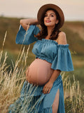 Boho Solid Color Off Shoulder Backless Linen Cotton Ruffle 2-in-1 Crop Cap Sleeve Side Slit Photoshoot Maternity Maxi Dress Maternity