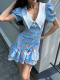 Print Button-Front Ruffle Hem Dress DJPT