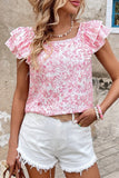 Back Printed Ruffled Cap Sleeve Blouse DJPT