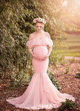 Women's Lace Pregnant Women Tailing Short-Sleeved Dress Photo Flying Sleeve Dress 1862 Maternity