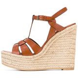 Brown Black PU Hemp Rope Slope And Waterproof Table High Heel Sandals Eaby High Quality Shoes