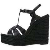 Brown Black PU Hemp Rope Slope And Waterproof Table High Heel Sandals Eaby High Quality Shoes