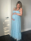 Solid Color Tulle Spaghetti Strap Backless Ruffle Lace-up Grenadine Photoshoot Gown Baby Shower Maternity Maxi Dress Maternity