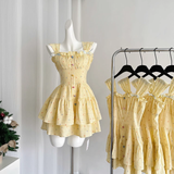 A line Strapless Sleeveless Yellow Floral Holiday Dresses Beach Dress Birthday Outfits SD289