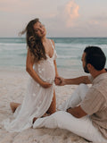 Cut Out Lace Patchwork V-Neck Sheer Side Slit Sleeveless Photoshoot Maternity Maxi Dress Maternity