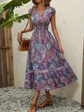 Size Printed V-Neck Short Sleeve Midi Dress DJPT
