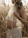 Beige 2 Piece Smocked Ruffle Backless Flowy Elegant Vacation Beach Photoshoot Maternity Maxi Dress Maternity