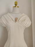 A Line V neckline Satin Dinner Party Dresses Ivory Birthday Outfits SD376