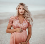 Women's Sequining Netɴ Pregnant Women's Flying Solid Color Dress Short Sleeve Round Collar Photo Dress 1944 Maternity
