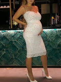 White Lace Spaghetti Strap Backless V-Neck Elegant Babyshower Party Maternity Midi Dress Maternity