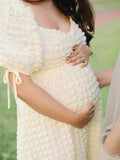 Bubble Texture Sweetheart Neckline Ruched Bodice A-line Puff Sleeve Elegant Going Out Maternity Photoshoot Maxi Dress Maternity