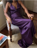 A-Line V Neckline Grape Satin Long Prom Dresses Formal Evening Dress SD1389 HZ0628