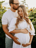 Solid Color Off Shoulder Backless Ruffle Crop Side Slit 2-in-1 Photoshoot Maternity Maxi Dress Maternity