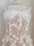 A line Spaghetti Straps White Satin Floral Dinner Party Dresses Birthday Outfits SD385