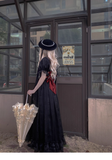 A Line Square Neckline Short Sleeves Black Chiffon Long Party Dresses Birthday Dress SD584