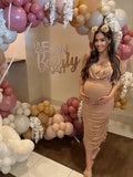 Khaki Ruched Off Shoulder Belly Friendly Baby Shower Club Party Tube Bodycon Maternity Midi Dress Maternity