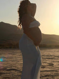 White Cross Chest Bandeau Backless Lace Crop Front Draped 2-in-1 Lace-up Bodycon Baby Shower Maternity Maxi Dress Maternity