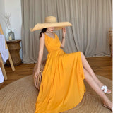 Holiday Super Fairy Chiffon Dress Showing Thin Yellow Sexy Big Dew Back Sanya Bali Tourist Beach Dress