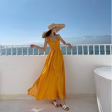 Holiday Super Fairy Chiffon Dress Showing Thin Yellow Sexy Big Dew Back Sanya Bali Tourist Beach Dress
